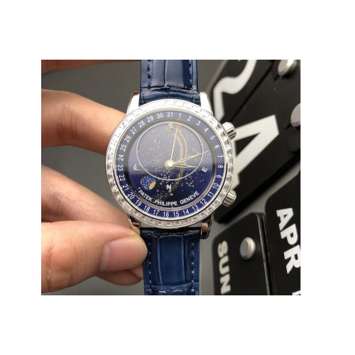 Patek Philippe 6104P Moon SS Blue Dial Diamond Bezel on Blue Leather Strap A240 Patek Philippe 6104P Moon SS Blue Dial Diamond Bezel on Blue Leather Strap A240
