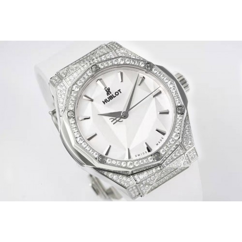 Hublot Classic Fusion Orlinski SS Full Diamonds APSF 1:1 Best Edtion White Faceted Dial on White Rubber Strap A2892