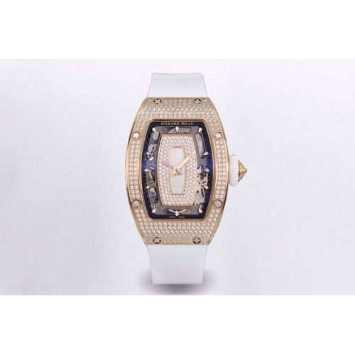 Richard Mille RM07 Ladies Full Diamonds RG ZF 1:1 Best Edition White MOP Dial on White Rubber Strap CRMA2 Clone Richard Mille RM07 Ladies Full Diamonds RG ZF 1:1 Best Edition White MOP Dial on White Rubber Strap CRMA2 Clone