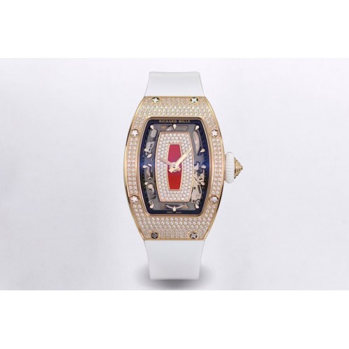 Richard Mille RM07 Ladies Full Diamonds RG ZF 1:1 Best Edition Red Dial on White Rubber Strap CRMA2 Clone