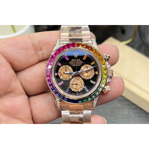 Rolex Daytona RG SONIC Best Edition Black Dial Rainbow Bezel on RG Bracelet SA4130 Rolex Daytona RG SONIC Best Edition Black Dial Rainbow Bezel on RG Bracelet SA4130