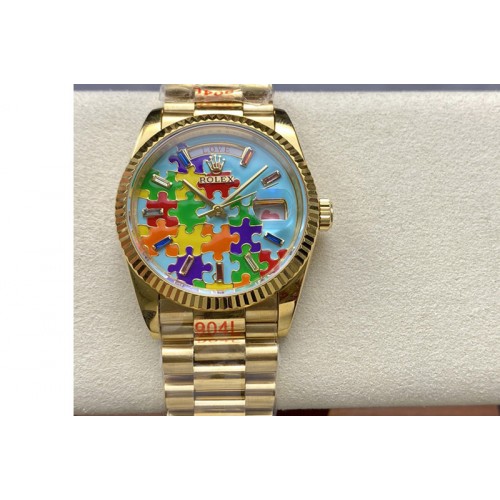 Rolex Daydate 128238 36mm Colour Jigsaw Puzzle YG QHF Best Edition Turquoise Blue Dial on YG President Bracelet A2834