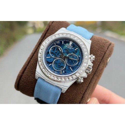 Rolex Daytona Cosmograph White Carbon PPMF Best Blue Skeleton Dial on White Nylon Strap A4801