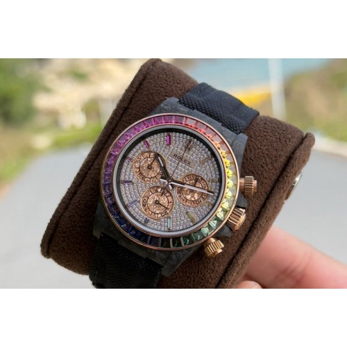 Rolex Daytona Cosmograph Black Carbon PPMF Best Edition Full Diamond Dial Black Nylon Strap A4801
