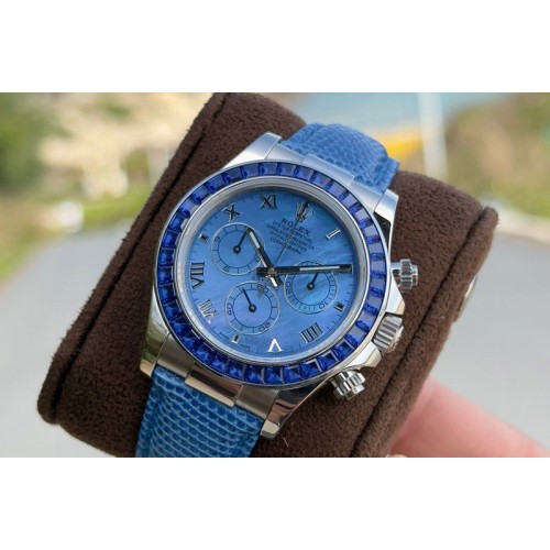 Rolex Daytona Cosmograph Blue T Crystals Bezel SS PPMF Best Blue MOP Dial On Blue Leather Strap A4801 Rolex Daytona Cosmograph Blue T Crystals Bezel SS PPMF Best Blue MOP Dial On Blue Leather Strap A4801