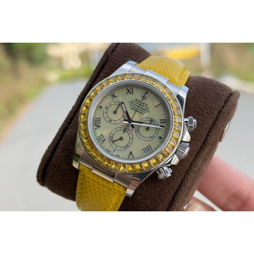 Rolex Daytona Cosmograph Green T Crystals Bezel SS PPMF Best Yellow MOP Dial On Yellow Leather Strap A4801 Rolex Daytona Cosmograph Green T Crystals Bezel SS PPMF Best Yellow MOP Dial On Yellow Leather Strap A4801