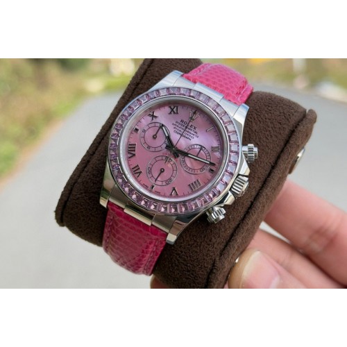 Rolex Daytona Cosmograph Pink T Crystals Bezel SS PPMF Best Pink MOP Dial On Pink Leather Strap A4801 Rolex Daytona Cosmograph Pink T Crystals Bezel SS PPMF Best Pink MOP Dial On Pink Leather Strap A4801