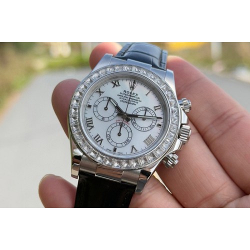 Rolex Daytona Cosmograph Light T Crystals Bezel SS PPMF Best White MOP Dial On Black Leather Strap A4801