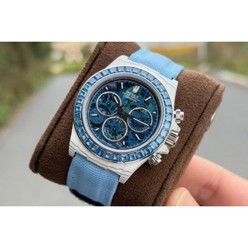 Rolex Daytona Cosmograph White Carbon Blue T Crystals Bezel PPMF Best Blue Skeleton Dial on White Nylon Strap A4801