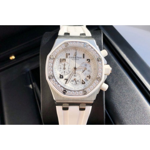 Audemars Piguet Royal Oak 67540 SS Real Diamond on White Rubber band Swiss Quartz