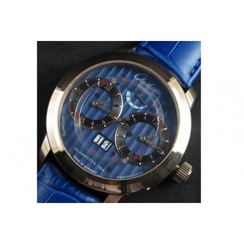 Glashutte Dual Time Power-Reserve,Asian 21600vph,Gold Case,Blue Face