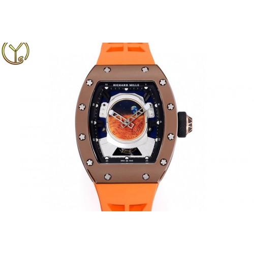 Richard Mille RM052-05 Brown Ceramic Bezel Carbon Case YSF Best Edition Skeleton Dial on Orange Rubber Strap Tourbillon