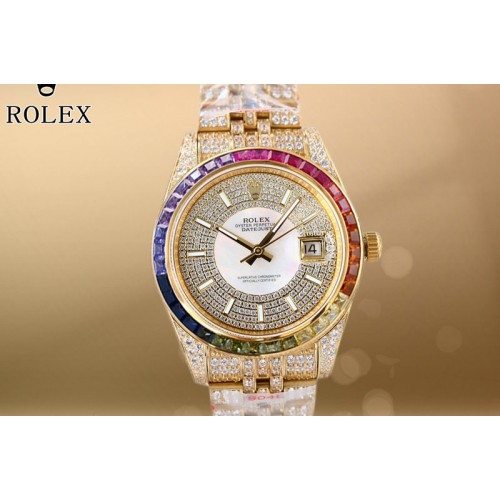 Rolex DateJust 41 YG Full Paved Diamonds 1:1 Best Edition Diamonds/White Dial Rainbow Diamond Bezel on Jubilee Bracelet Cal.3255