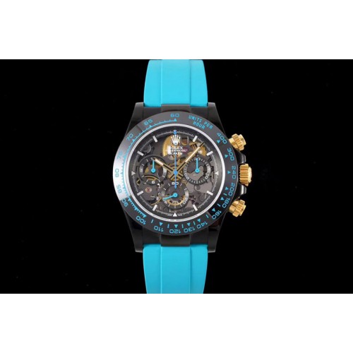 Rolex Daytona PVD Ceramic Bezel GETF Best Edition Skeleton Cyan Dial on Cyan Rubber Strap SA4130
