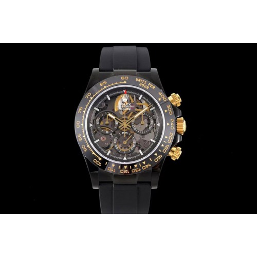 Rolex Daytona PVD Ceramic Bezel GETF Best Edition Skeleton Black Dial on Black Rubber Strap SA4130