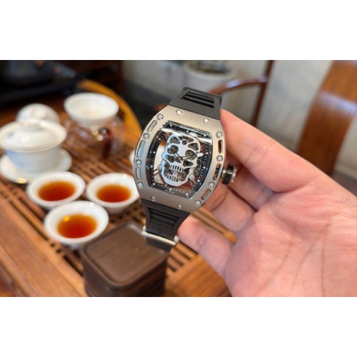 Richard Mille RM052 Titanium Real Tourbillon EURF Best Edition Skeleton Skull Dial on Black Rubber Strap