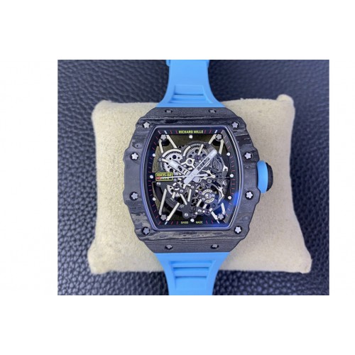 Richard Mille RM035-02 Black Carbon T+F Best Edition Skeleton Dial on Blue Rubber Strap Clone RMUL2 Richard Mille RM035-02 Black Carbon T+F Best Edition Skeleton Dial on Blue Rubber Strap Clone RMUL2