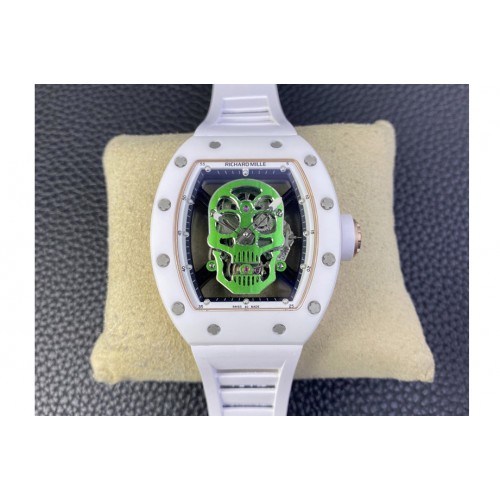 Richard Mille RM052 Skull White Ceramic/RG Real Tourbillon YSF Best Edition RG Skull Dial on White Rubber Strap