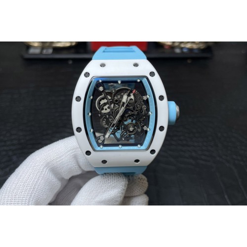 Richard Mille RM055 White Ceramic BBR Best Edition Skeleton Blue Dial on Blue Rubber Strap Clone RMUL2