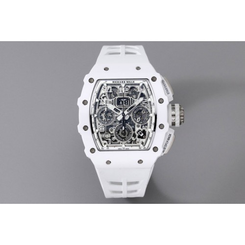 Richard Mille RM011 Titanium Case White Ceramic Bezel Chronograph KUF Best Edition Skeleton Dial on White Rubber Strap A7750