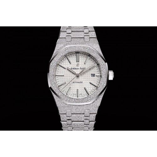 Audemars Piguet Royal Oak 37mm 15454 Frosted SS OMF 1:1 Best Edition White Textured Dial on Frosted SS Bracelet SA3120 Super Clo