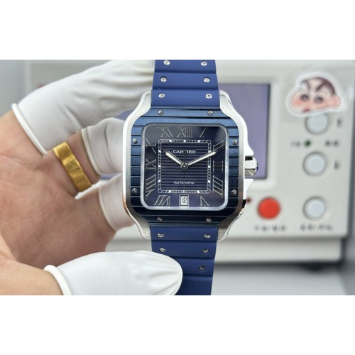 Santos de Cartier 40mm SS/Cer GF 1:1 Best Edition Blue Dial on Blue Rubber Strap MIYOTA 9015