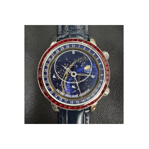 Patek Philippe Grand Complications 6102 SS 3KF Best Edition Red Diamonds Bezel Blue Dial on Blue Leather Strap A240 Patek Philippe Grand Complications 6102 SS 3KF Best Edition Red Diamonds Bezel Blue Dial on Blue Leather Strap A240