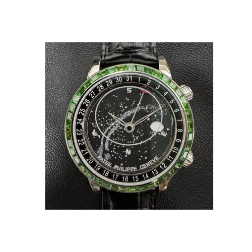 Patek Philippe Grand Complications 6102 SS 3KF Best Edition Green Diamonds Bezel Black Dial on Black Leather Strap A240 Patek Philippe Grand Complications 6102 SS 3KF Best Edition Green Diamonds Bezel Black Dial on Black Leather Strap A240