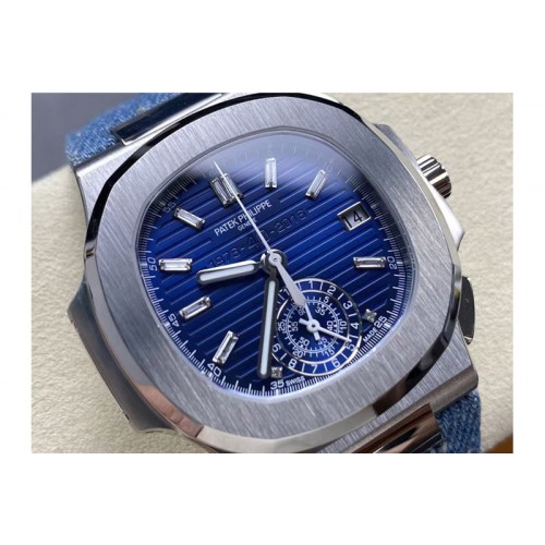 Patek Philippe Nautilus 5980 40th SS 3KF Best Edition Blue Dial on Denim Blue Leather Strap PP.CH28-520