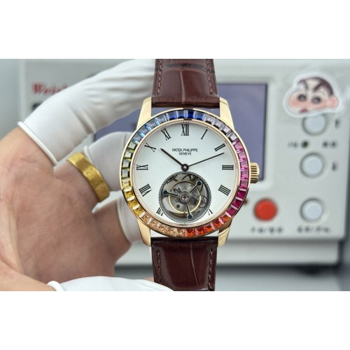 Patek Philippe Calatrava 42mm Tourbillion RG Dimaond Bezel White Dial on Leather Strap Patek Philippe Calatrava 42mm Tourbillion RG Dimaond Bezel White Dial on Leather Strap