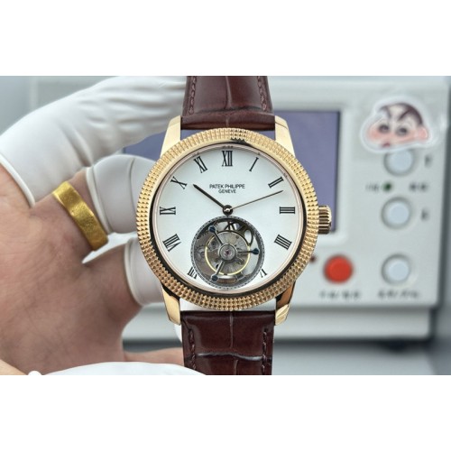 Patek Philippe Calatrava 42mm Tourbillion RG White Dial on Leather Strap