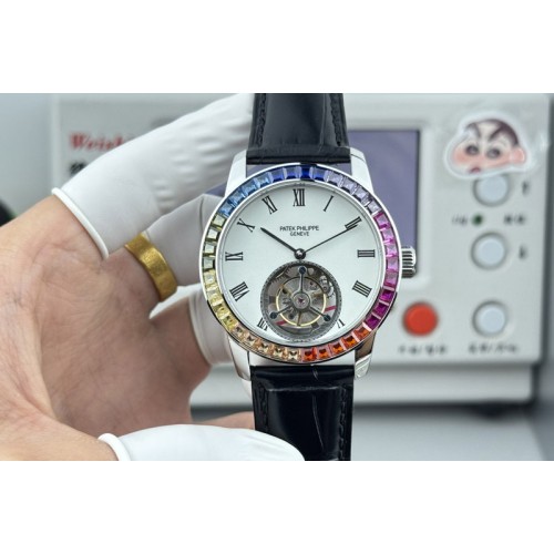 Patek Philippe Calatrava 42mm Tourbillion SS Dimaond Bezel White Dial on Leather Strap Patek Philippe Calatrava 42mm Tourbillion SS Dimaond Bezel White Dial on Leather Strap