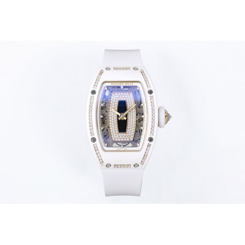 Richard Mille RM07 Ladies White Ceramic Diamonds Bezel ZF 1:1 Best Edition Black Dial on White Rubber Strap CRMA2 Clone Richard Mille RM07 Ladies White Ceramic Diamonds Bezel ZF 1:1 Best Edition Black Dial on White Rubber Strap CRMA2 Clone
