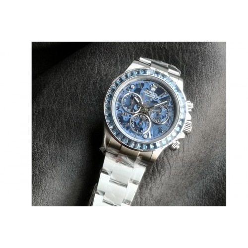 Rolex Daytona Arolla SONIC Best Edition Blue Crystal Skeleton Dial Diamonds Bezel on SS Oyster Bracelet SA4130