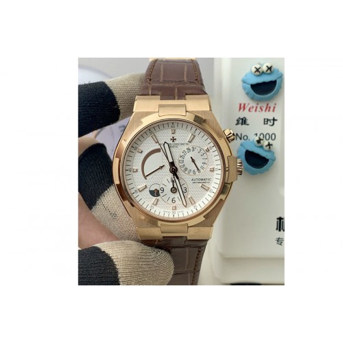 Vacheron Constantin Overseas Dual Time Power Reserve 47450 9F RG Best Edition White Dial on Brown Leather Strap Miyota 9015