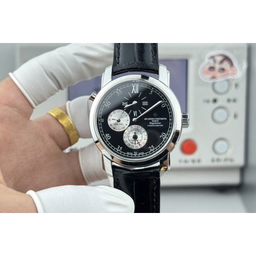 Vacheron Constantin Malte Dual Time Regulator 42005 SS Black Dial on Leather Strap VC.1206
