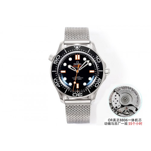 Omega Seamaster 300M Diver 42mm Orange Second Hand SS ORF Best Edition Black Dial On Mesh Bracelet SuperClone 8806 (Free Rubber Omega Seamaster 300M Diver 42mm Orange Second Hand SS ORF Best Edition Black Dial On Mesh Bracelet SuperClone 8806 (Free Rubber