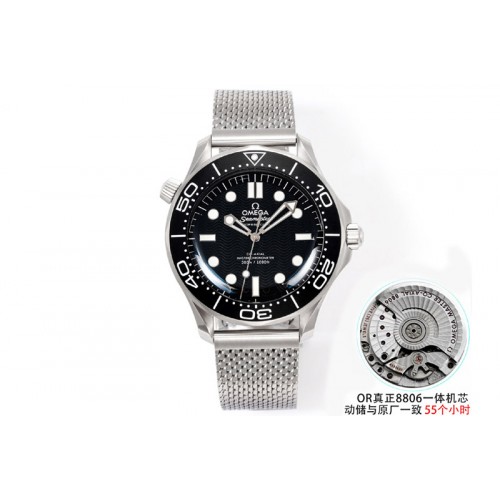 Omega Seamaster 300M Diver 42mm SS ORF Best Edition Black Wave Texture Dial On Mesh Bracelet Super Clone 8806 (Free Rubber Strap