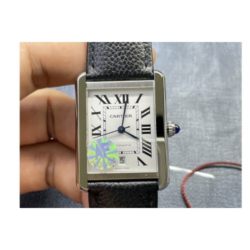 Cartier Tank 41 SS AF 1:1 Best Edition White Dial on Black Leather Strap MIYOTA 9015