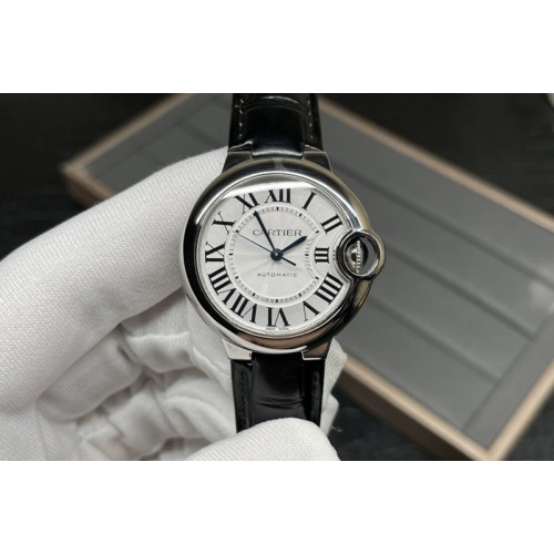 Cartier Ballon Bleu 33mm SS AF 1:1 Best Edition White Dial on Black Leather Strap Cal.1853