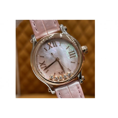 Chopard Happy Sport 36mm RG ZF 1:1 Best Edition Pink Mop Dial on Pink Leather Strap A2892