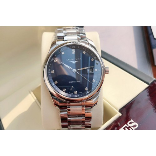 Longines Master Day Date SS 1:1 Best Edition Blue Textured Dial Diamond Marker on SS Bracelet SW200