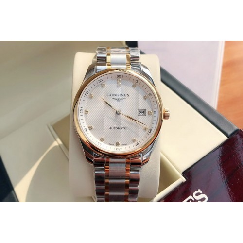 Longines Master Day Date SS 1:1 Best Edition White Textured Dial Diamond Marker on SS/RG Bracelet SW200