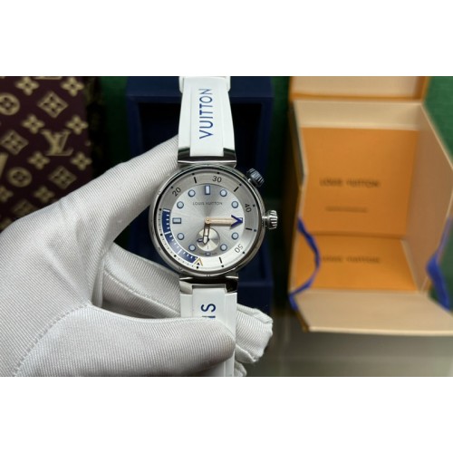Louis Vuitton QA122Z LV Tambour Street Diver PVD Watch White Dial on White Rubber Band Automatic movement
