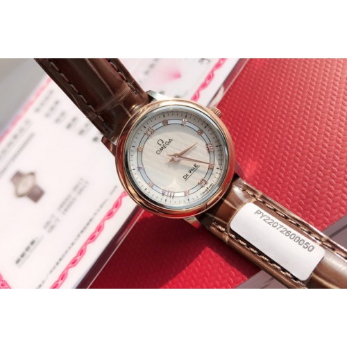 Omega De Ville RG 28mm White Dial Real Diamond on Brown Leather Strap EAT1376