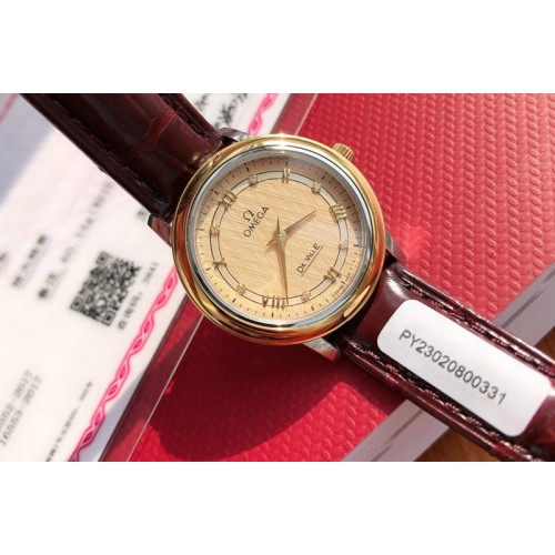 Omega De Ville RG 28mm Gold Dial Real Diamond on Brown Leather Strap EAT1376