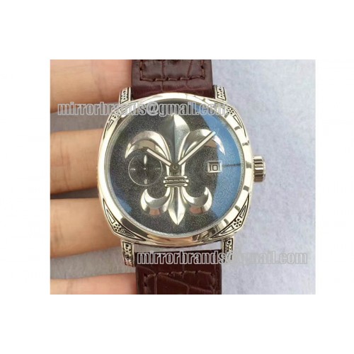 Panerai Radiomir 47mm 925 Silver Engraved Case Chrome Heart Flower Dial On Brown Strap Panerai Radiomir 47mm 925 Silver Engraved Case Chrome Heart Flower Dial On Brown Strap