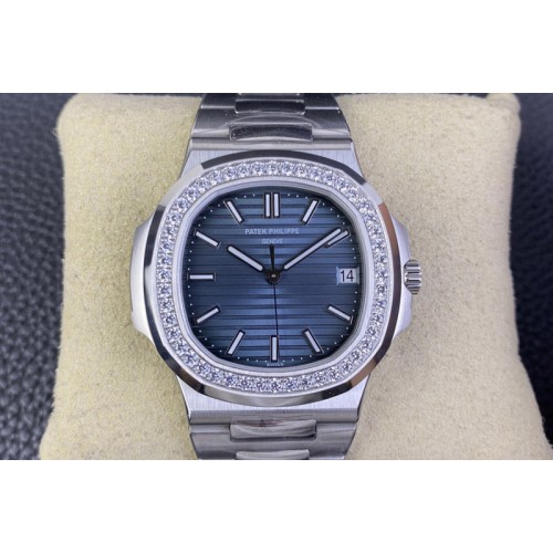 Patek Philippe Nautilus 5711/1A 3KF 1:1 Best Edition Diamonds Bezel Blue Textured Dial on SS Bracelet A324 Super Clone