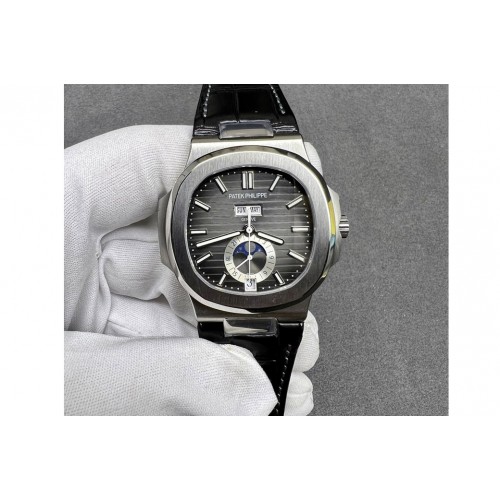 Patek Philippe Nautilus 5726 Complicated SS GRF 1:1 Best Edition Black Textured Dial on Black Leather Strap A324