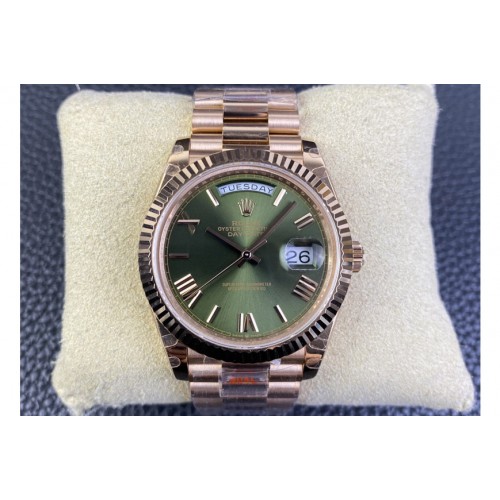 Rolex DayDate 40mm 228235 GMF 1:1 Gain Weight RG/Tungsten Green Dial Roman Markers on President Bracelet A3255